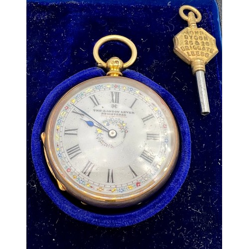 703 - An 18 carat gold ladies pocket watch with white porcelain face in original fitted case with key. Mar... 