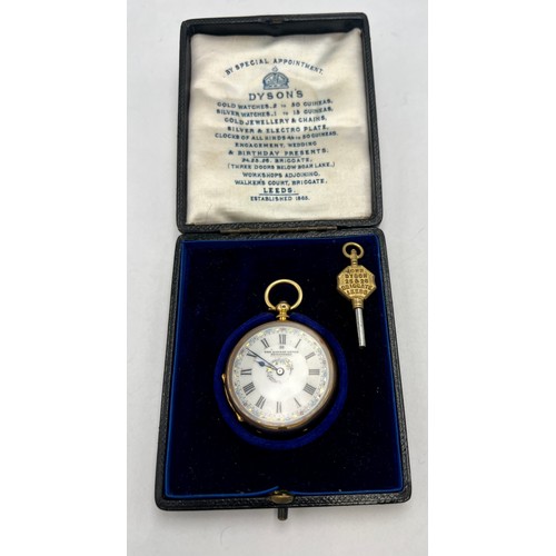 703 - An 18 carat gold ladies pocket watch with white porcelain face in original fitted case with key. Mar... 