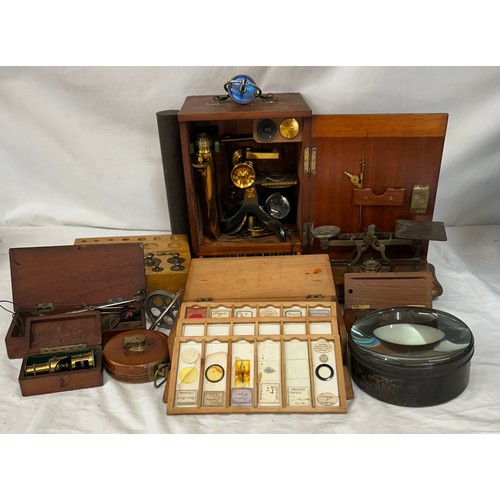 967 - A Victorian Brass Bar microscope by Benn Frank's optician Hull and Hanley with microscopic specimen ... 