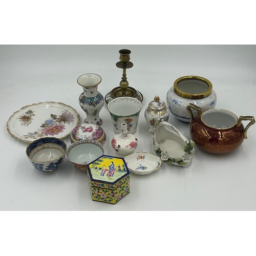 444 - A collection of continental ceramics to include Doulton vase, Lusterware, a cloisonne trinket box, L... 