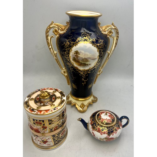 445 - Ceramics to include Coalport vase with Loch scene, signed EO Ball, 21cm h, miniature royal Crown Der... 