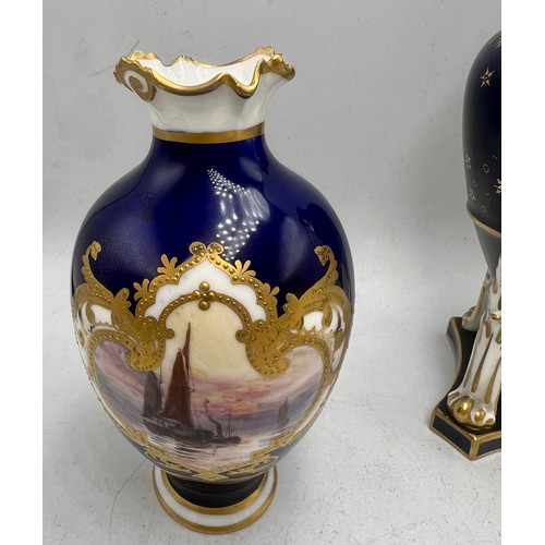 446 - Three Royal Crown Derby vases, two signed WEJ Dean, one signed WD all painted with boats. Tallest 15... 