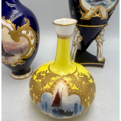 446 - Three Royal Crown Derby vases, two signed WEJ Dean, one signed WD all painted with boats. Tallest 15... 