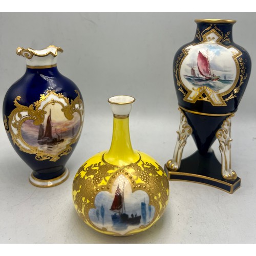 446 - Three Royal Crown Derby vases, two signed WEJ Dean, one signed WD all painted with boats. Tallest 15... 