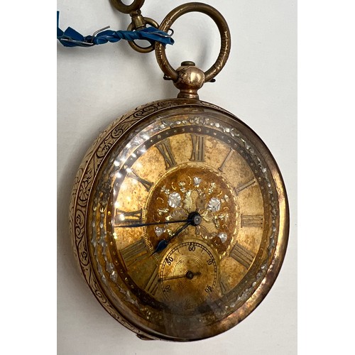 704 - A 19thC 14 carat gold cased pocket watch with subsidiary seconds dial. 5cm diameter. Weight 118.9gm.... 