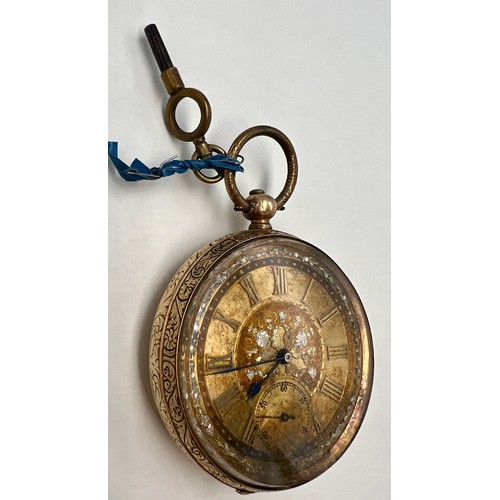 704 - A 19thC 14 carat gold cased pocket watch with subsidiary seconds dial. 5cm diameter. Weight 118.9gm.... 