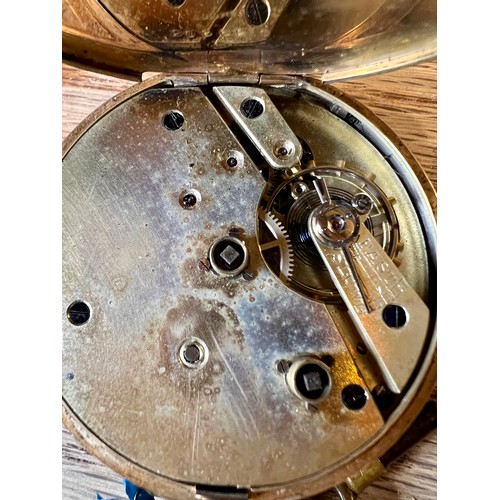 704 - A 19thC 14 carat gold cased pocket watch with subsidiary seconds dial. 5cm diameter. Weight 118.9gm.... 