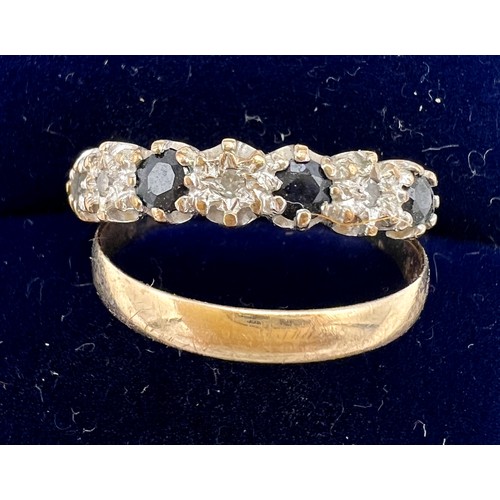 630 - Two 9 carat gold rings, one set with sapphires and diamonds, size L, the other a wedding band, size ... 