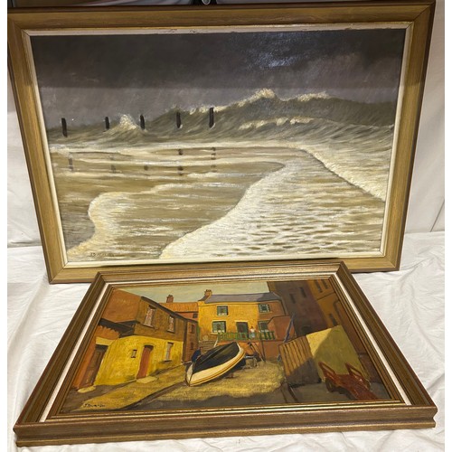 1312 - J. Burton, two oils on canvas of Bow Street, Bridlington image 39 x 49cm and a seascape image 48 x 7... 