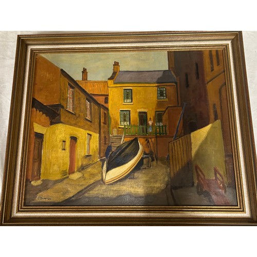 1312 - J. Burton, two oils on canvas of Bow Street, Bridlington image 39 x 49cm and a seascape image 48 x 7... 