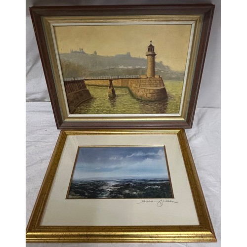 1313 - Jack Burton (Bridlington 1909-2004) oil on canvas of Whitby, North Pier, image 28 x 39cm.  Framed an... 