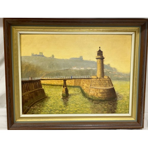 1313 - Jack Burton (Bridlington 1909-2004) oil on canvas of Whitby, North Pier, image 28 x 39cm.  Framed an... 