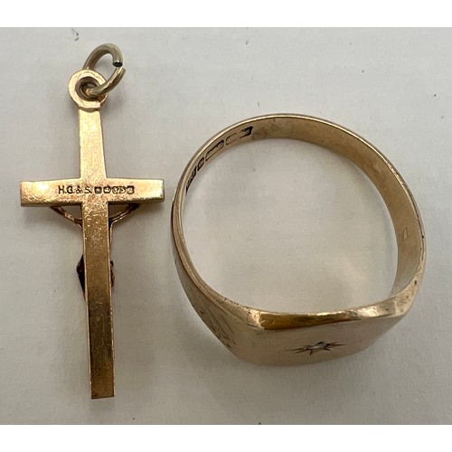 648 - A 9 carat gold diamond set signet ring, size P together with a 9 carat gold crucifix. Total weight 5... 