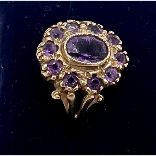 649 - A 9 carat gold purple gem set cluster ring, size J. Weight 2.4gm.