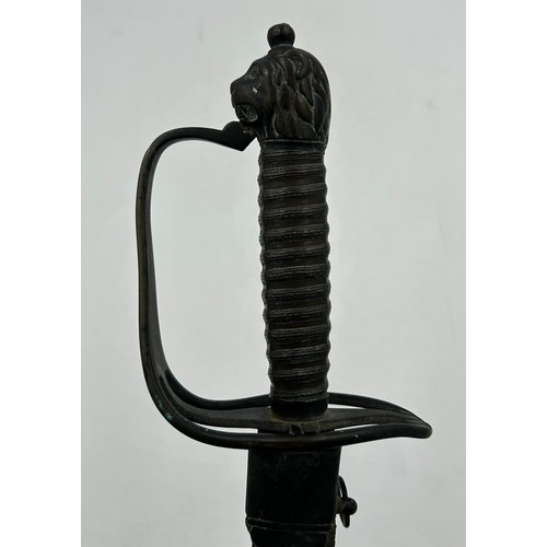 1018 - An early 18thC Naval Officers Hanger Sword with 66cm curved blade, ribbed grip, three bar brass guar... 