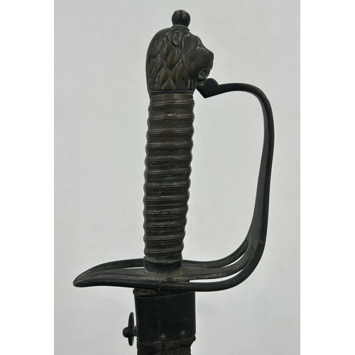 1018 - An early 18thC Naval Officers Hanger Sword with 66cm curved blade, ribbed grip, three bar brass guar... 