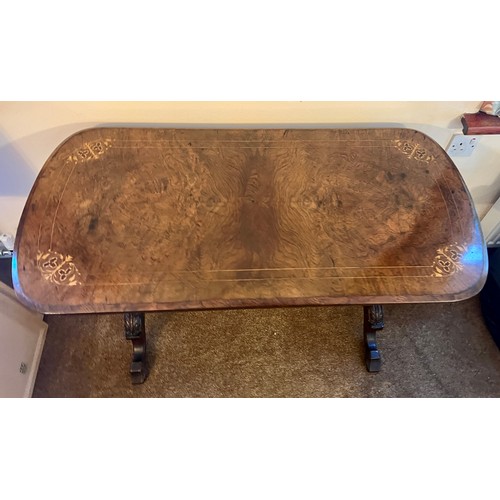 54 - A 19thC burr walnut and inlaid side table 67 h x 107 w x 53cm d.