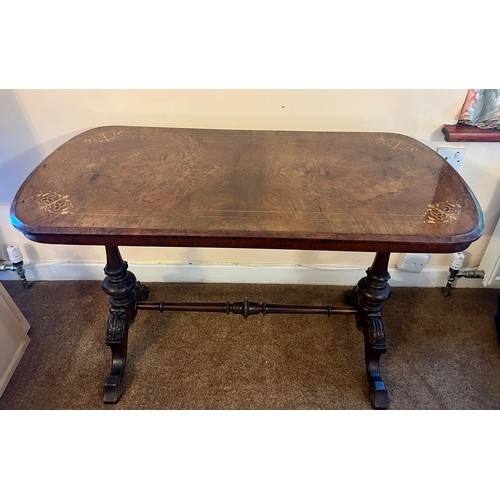 54 - A 19thC burr walnut and inlaid side table 67 h x 107 w x 53cm d.