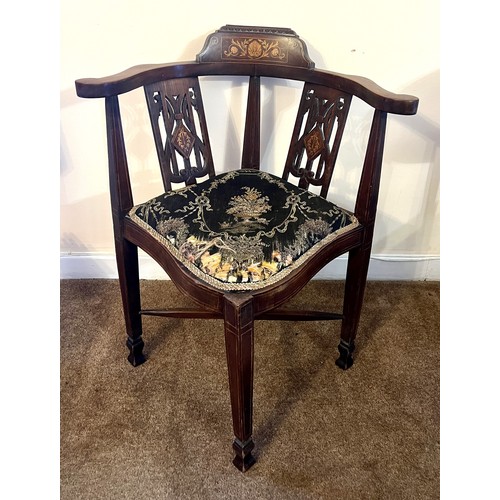 57 - Edwardian mahogany inlaid corner chair. Height to back 78cm h. 65cm w.