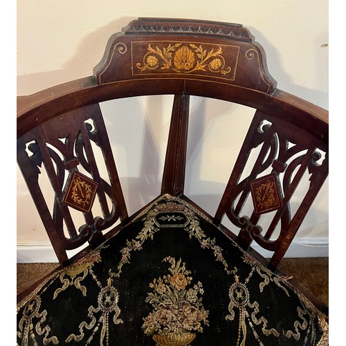 57 - Edwardian mahogany inlaid corner chair. Height to back 78cm h. 65cm w.