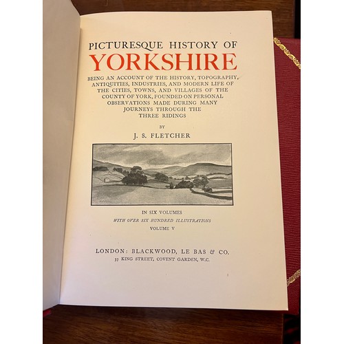 1051 - Picturesque History of Yorkshire by J.S Fletcher. Red cloth and gilt. Volumes 1-6.