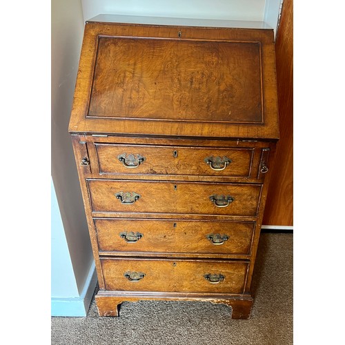 67 - A burr walnut writing bureau with 4 drawers and fitted interior. 98 h x 53 w x 43cm d.