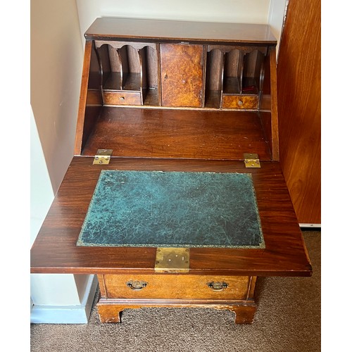 67 - A burr walnut writing bureau with 4 drawers and fitted interior. 98 h x 53 w x 43cm d.