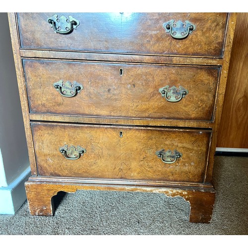 67 - A burr walnut writing bureau with 4 drawers and fitted interior. 98 h x 53 w x 43cm d.