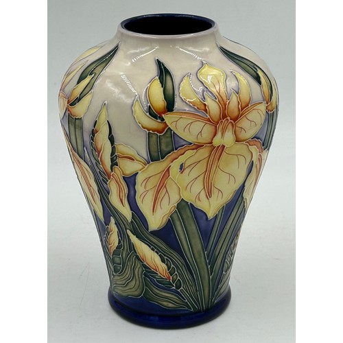 453 - A Moorcroft baluster shaped vase in the Windrush pattern depicting yellow irises. 21.5cm h. Painted ... 