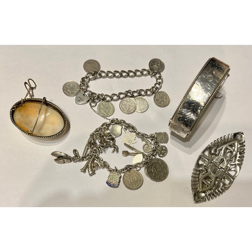 657 - Jewellery to include hallmarked silver bangle, brooch silver bracelet with 3d pieces, shell cameo br... 