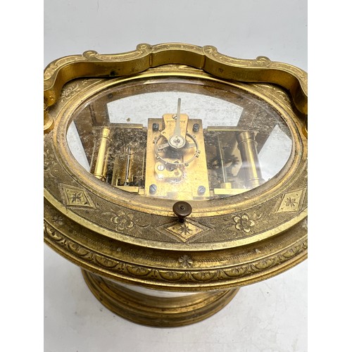 996 - A 19thC brass repeater carriage clock with French movement and alarm. 19cm h to top of handle.