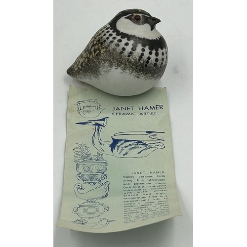 460 - Studio ceramics : Janet Hamer (1932-2014) 'Grey Quail' 7.5cm h with impressed marks to base, a puffi... 