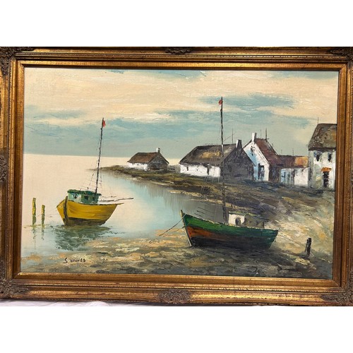 1315 - S. Worth oil on canvas, small boats in a rural harbour. Signed lower left. Image size 58 x 88cm.