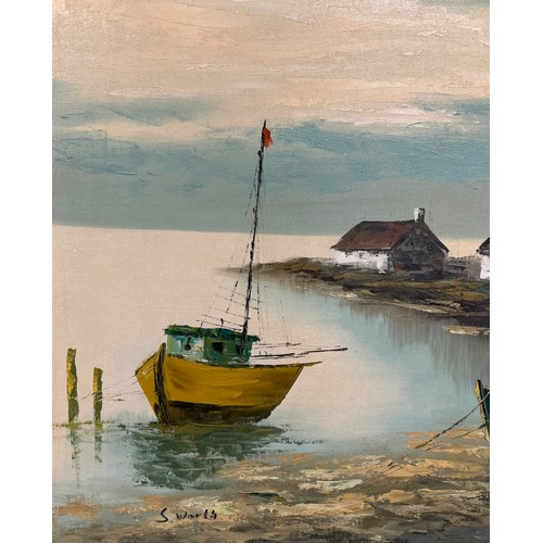 1315 - S. Worth oil on canvas, small boats in a rural harbour. Signed lower left. Image size 58 x 88cm.