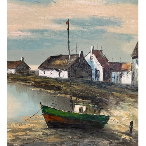 1315 - S. Worth oil on canvas, small boats in a rural harbour. Signed lower left. Image size 58 x 88cm.