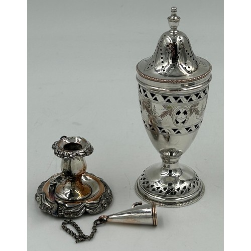 770 - Silverplate items to include a good quality spirit kettle 32cm h, a pair of candle holders with snuf... 