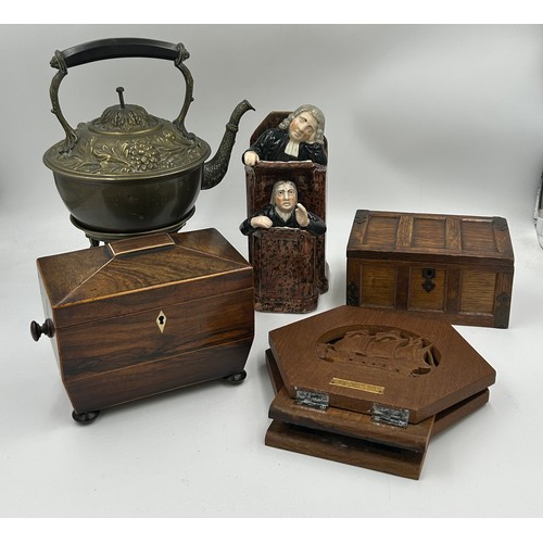 1247 - A miscellany to include a tea caddy on bun feet with twin compartments to the interior and bone knop... 