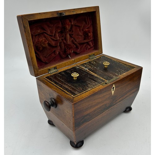 1247 - A miscellany to include a tea caddy on bun feet with twin compartments to the interior and bone knop... 