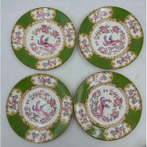 462 - A Minton Green Cockatrice pattern part tea/dinner service - with pink factory marks and iron red pai... 