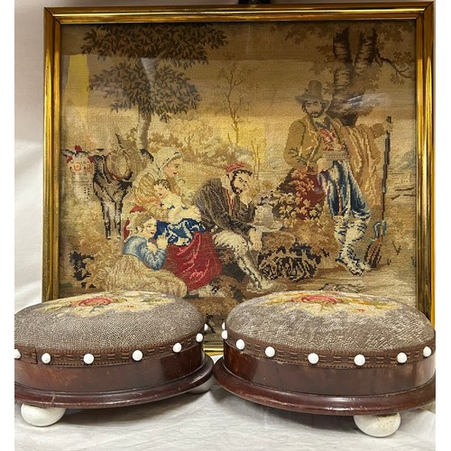 1248 - Two Victorian circular footstools with bead work and tapestry on ceramic bun feet 29cm d, together w... 