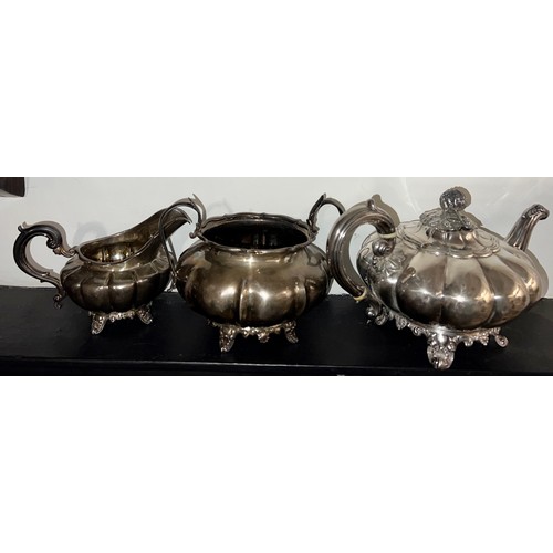 839 - Three piece composite Victorian silver tea service. Teapot with ivory bands, London 1856, maker prob... 