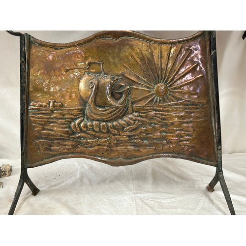 908 - Brassware to include copper fire screen with Viking ship at sea 64cm x 58cm, brass kettle/pan stand ... 