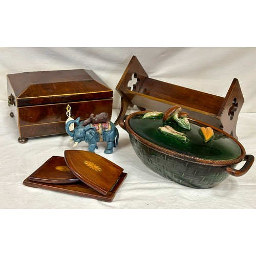 1249 - Various items : an inlaid tea caddy with bun feet and ring handles, a book trough, an extendable boo... 