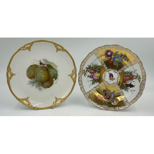 464 - Continental ceramics to include a KPM fruit painted plate depicting plums within a relief moulded bo... 