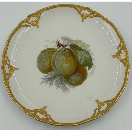 464 - Continental ceramics to include a KPM fruit painted plate depicting plums within a relief moulded bo... 