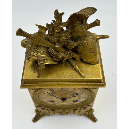 997 - A French gilt 19thC mantle clock 26cm h x 14cm h x 11cm deep. With key.