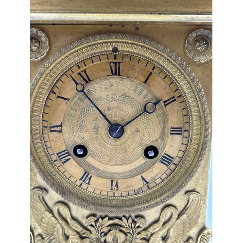 997 - A French gilt 19thC mantle clock 26cm h x 14cm h x 11cm deep. With key.