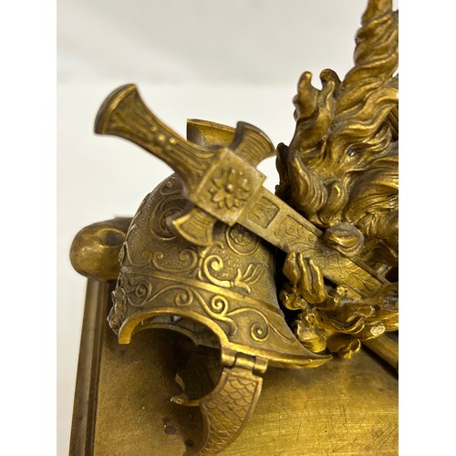 997 - A French gilt 19thC mantle clock 26cm h x 14cm h x 11cm deep. With key.