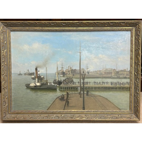 1328 - Walter Goodin (British 1907-1992) oil on board of Hull Corporation Pier signed and dated 1983 lower ... 