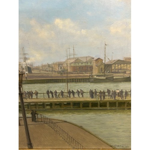 1328 - Walter Goodin (British 1907-1992) oil on board of Hull Corporation Pier signed and dated 1983 lower ... 